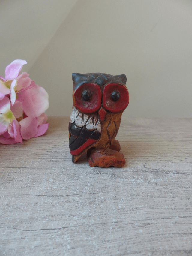 Petite Figurine Hibou Chouette en Bois Sculpté à la main Vintage H 8 cm, Hibou Miniature en Bois Cadeau Décoration Porte-Bonheur