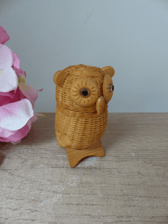Petite boite oiseau hibou en osier vintage, pot de rangement hibou en osier tressé, boite à bijoux hibou, figurine miniature hibou en  bois