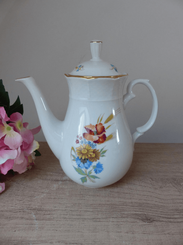 Ancienne cafetière en porcelaine fine Thun fabriquée en Tchécoslovaquie décor floral, Cafetière style bohème, Cafetière fleuri rétro vintage