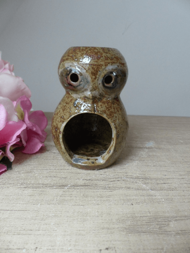 Photophore Guy Baudat Chouette en Grès Pyrité vintage 1960 -1970, brûle parfum zoomorphe chouette poterie, bougeoir décor maison vintage