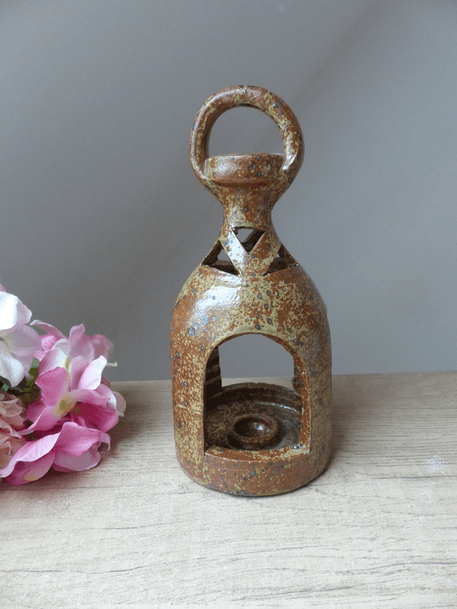 Ancienne lanterne bougeoir en grès pyrité, lanterne décorative en céramique vintage à accrocher, lanterne poterie à suspendre