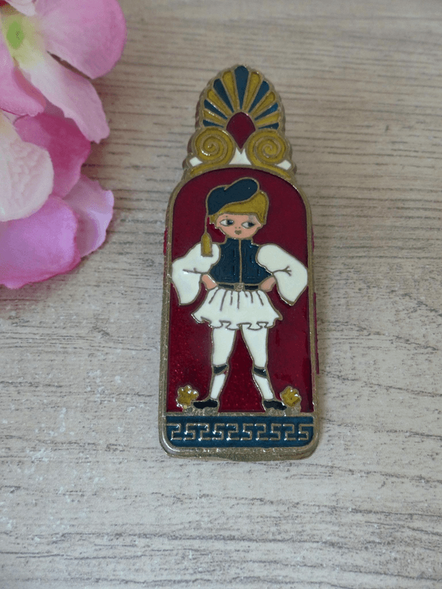 Pince à courrier émaillée vintage motif grecs, pince à papier art populaire grec en laiton peint main, pince à lettres décoration bureau