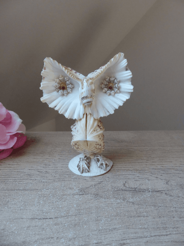 Statuette Chouette Hibou Vintage Coquillages Souvenir de Vacances, Sculpture Hibou en Coquillages, Artisanat d&#039;Art Français, Home décor